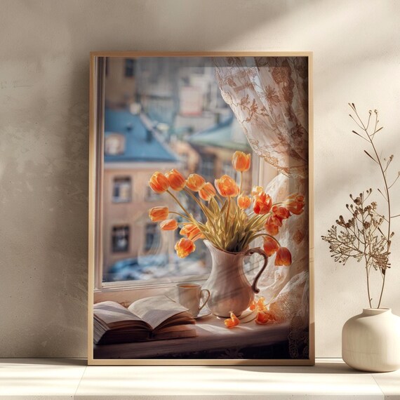 Orange Tulips Windowsill Book and Coffee Spring Floral Poster