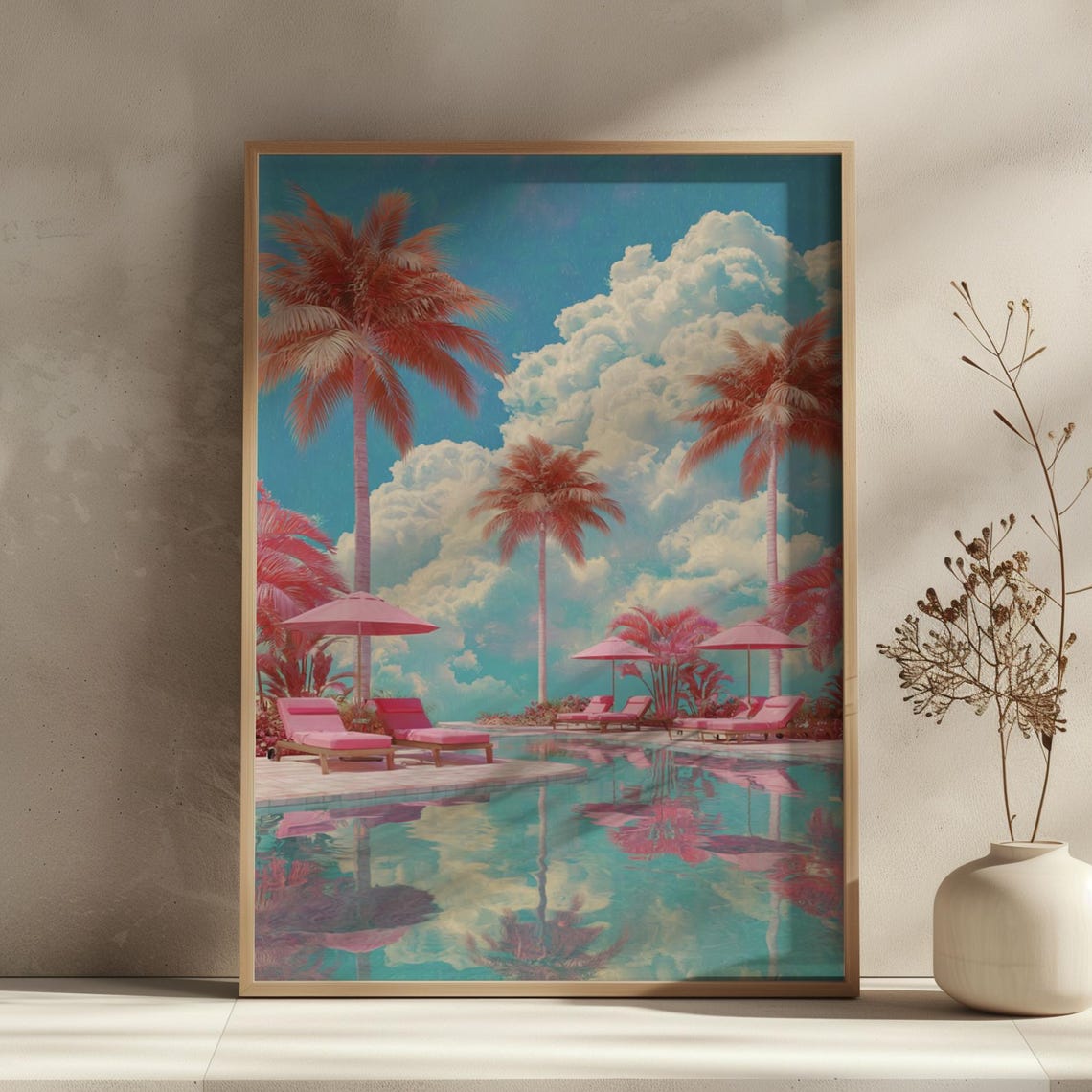 Retro Pink Palm Springs Pool Day Mid Century Summer Art Poster