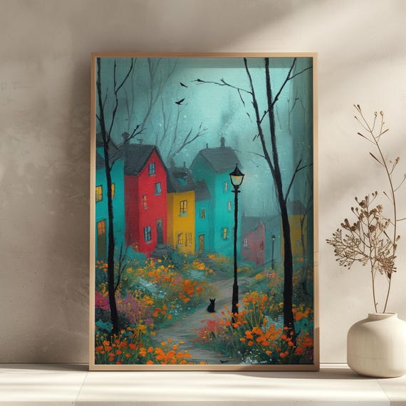 Pastel Colorful Houses Print Wall Art Abstract Cityscape Peaceful Urban Landscape Poster Decor