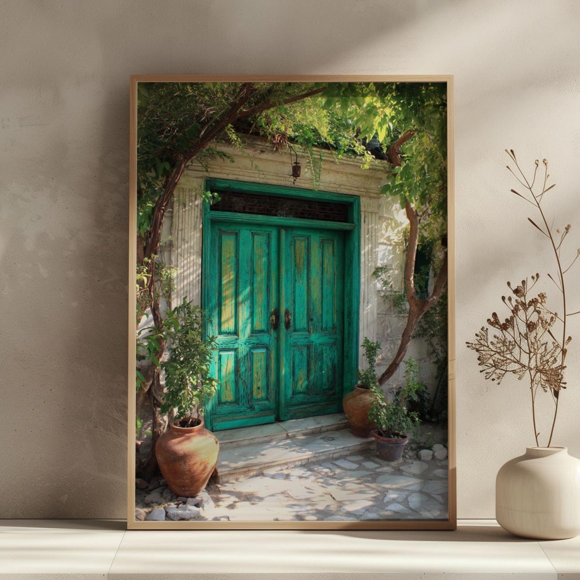 Weathered Teal Door Mediterranean Courtyard Photo Style Wall Art