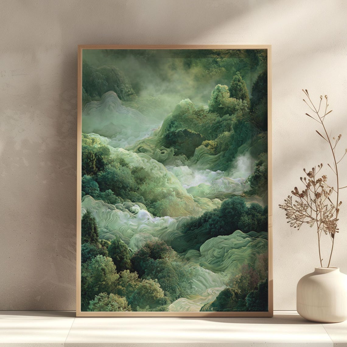 Misty Sage Green Forest Hills Japanese Ink Landscape Art Print