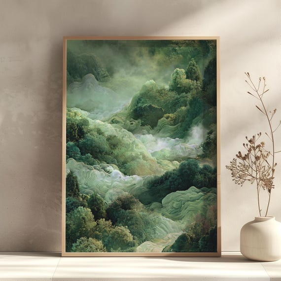 Wabi Sabi Japandi Forest Wall Art Sage Green Japanese Poster Chinoiserie Maximalist Nature Print Extra Large