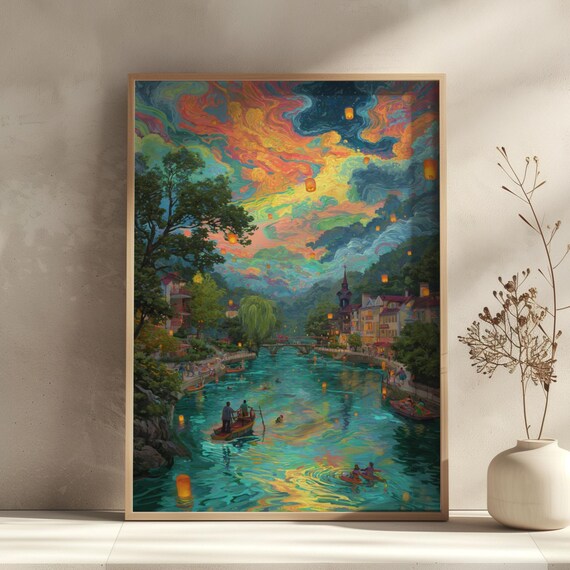 Lantern-Lit Riverside Town Night Sky Colorful Impressionist Poster