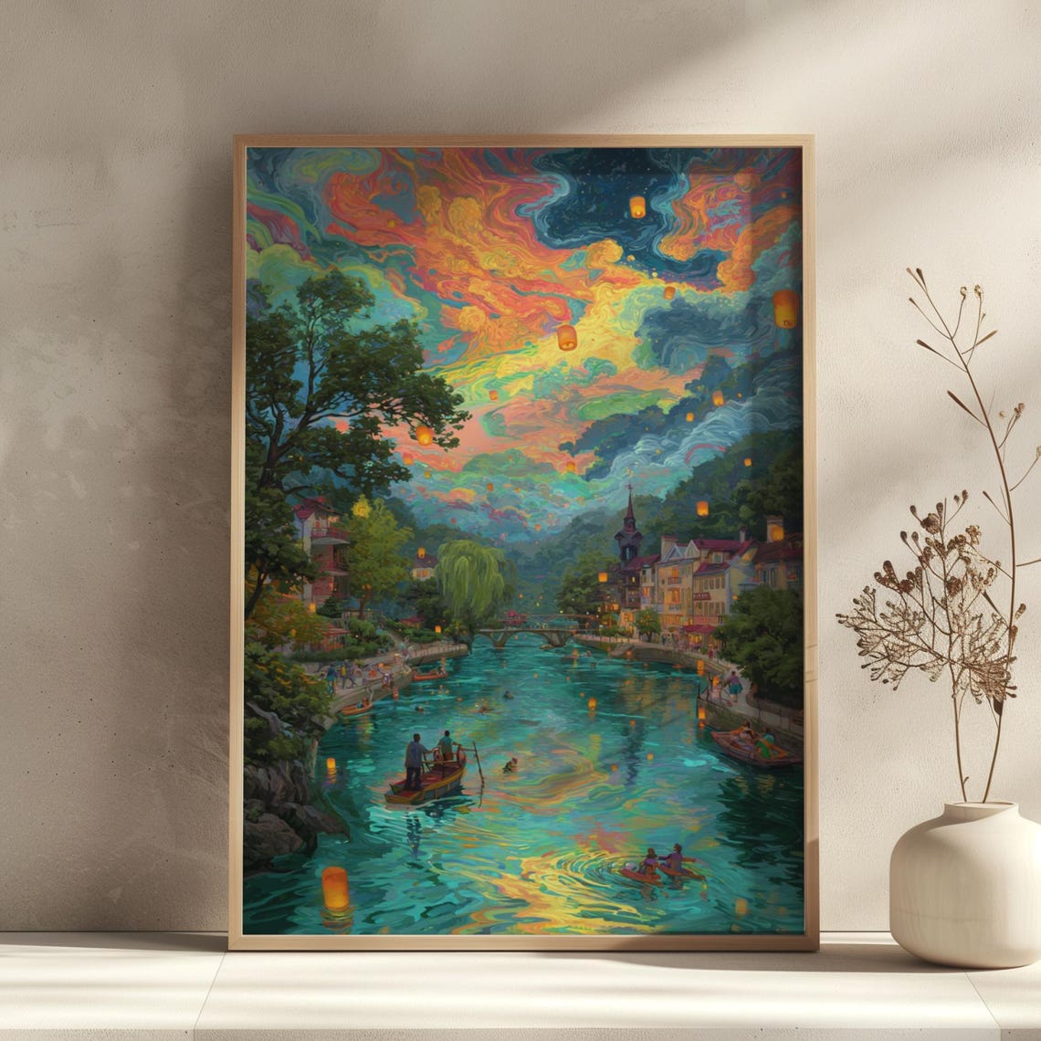 Lantern-Lit Riverside Town Night Sky Colorful Impressionist Poster