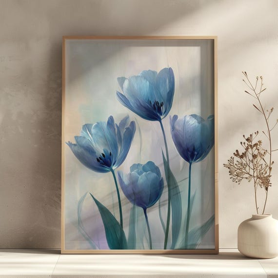 Vintage Inspired Tulip Wall Art Print Blue And Green Botanical Poster Elegant Southern Floral Decor Preppy Chinoiserie