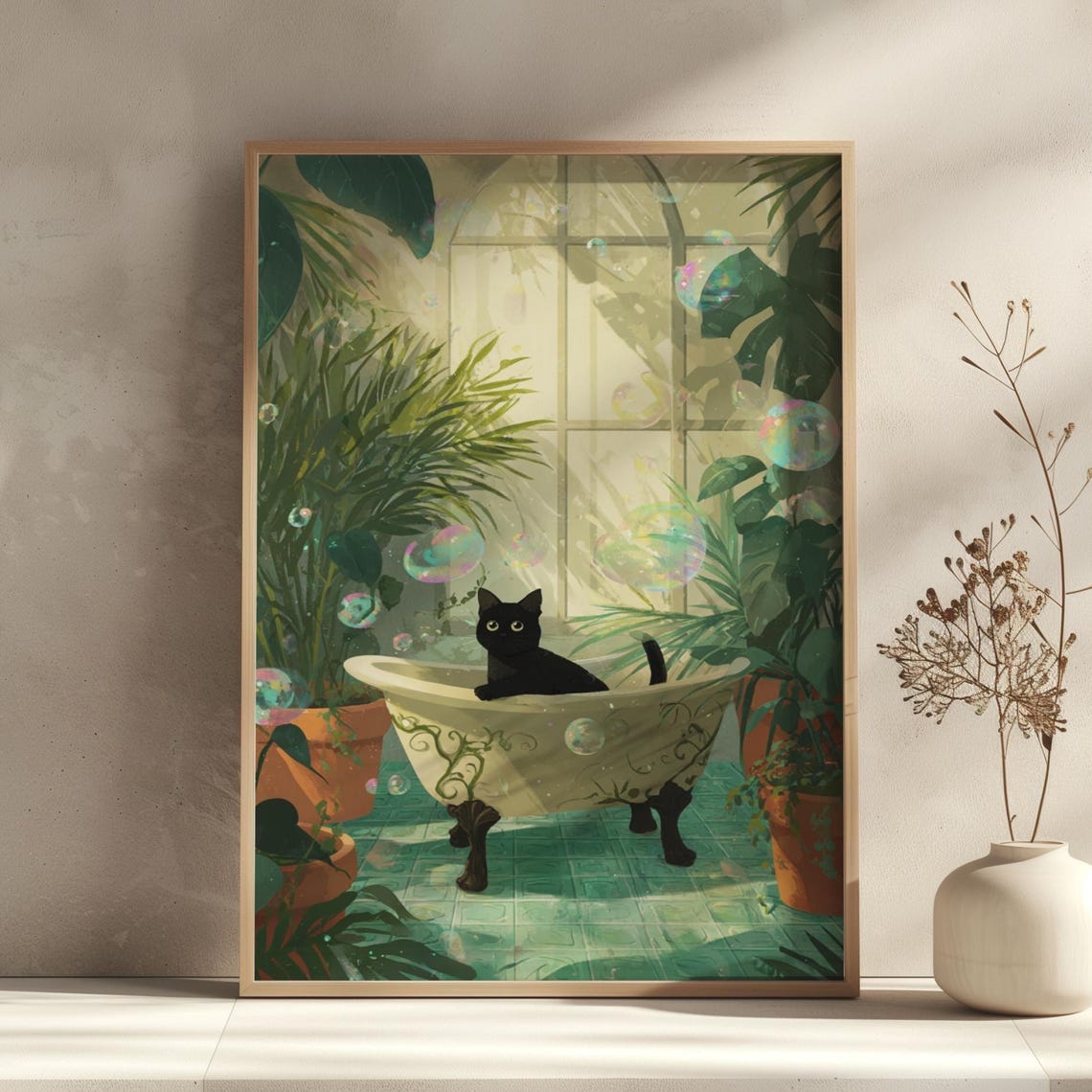 Black Cat in a Bubble Bath Botanical Bathroom Decor Art Poster