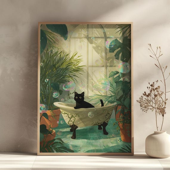 Funny Black Cat Bathroom Wall Art Maximalist Print Quirky Animal Bathtub Poster Cute Lover Gift In Tub Artwork