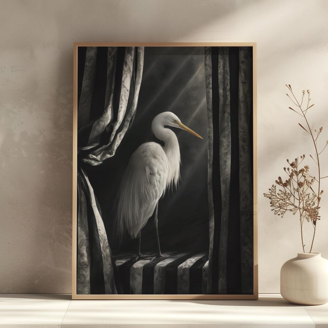 White Egret in Dramatic Stage Light Monochrome Bird Art Poster
