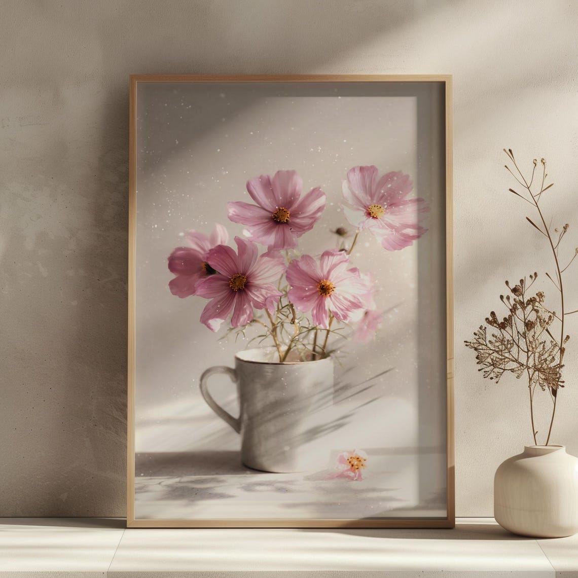 Pink Cosmos Flowers in White Mug Soft Light Botanical Art Poster