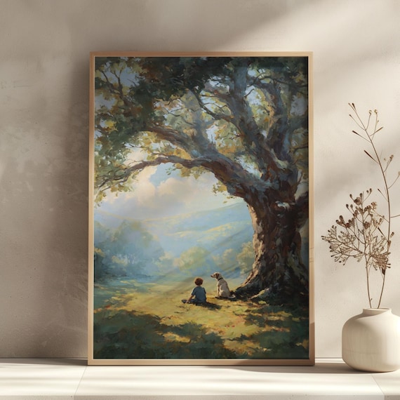 Boy and Dog Under an Ancient Oak Tree Nostalgic Childhood Painting Poster