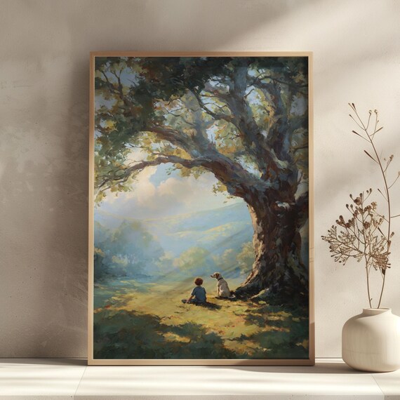 Vintage Boy And Dog Wall Art Nursery Room Print Natureinspired Kids Decor Childhood Memory Artwork