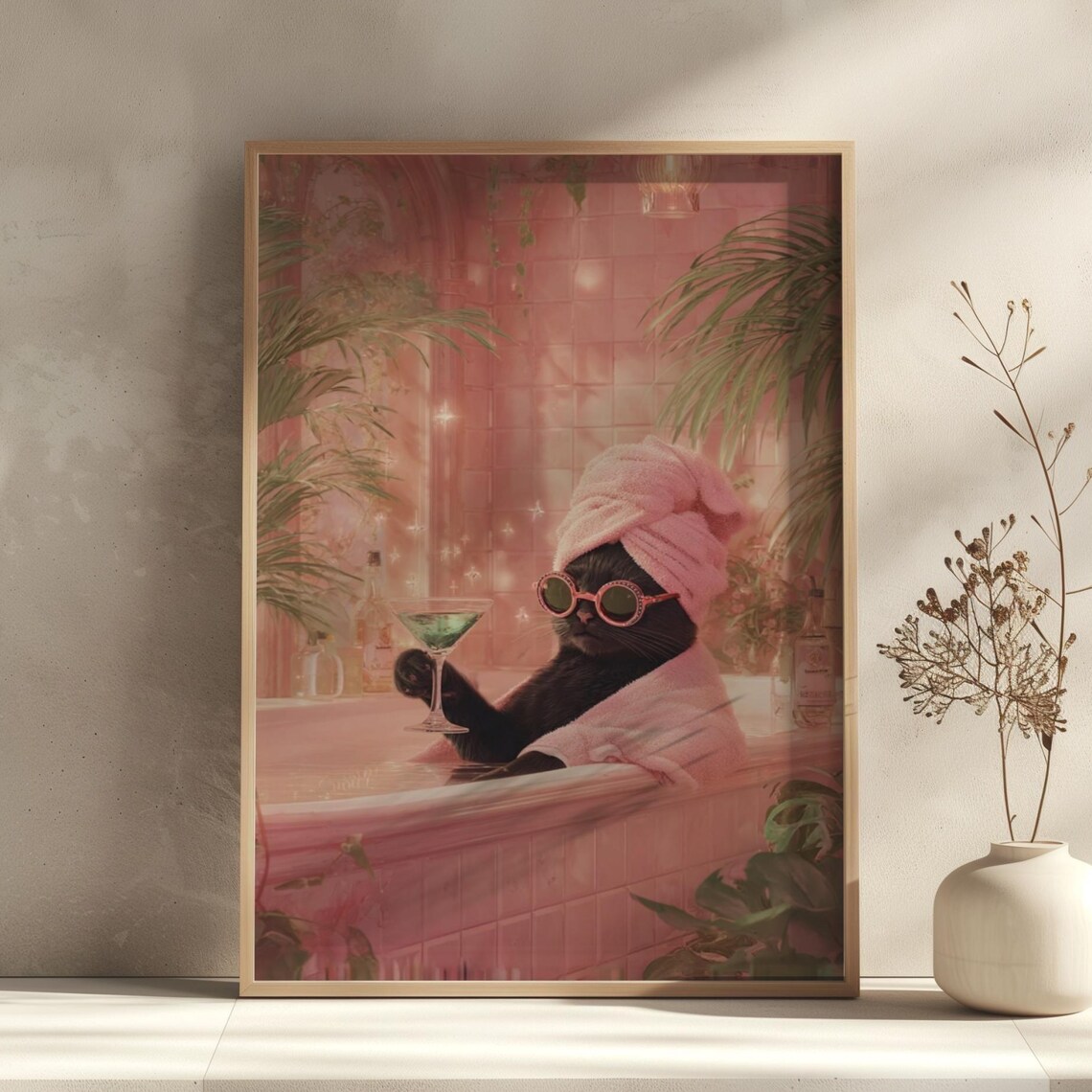 Black Cat with Martini in a Pink Bathroom Funny Whimsical Animal Poster