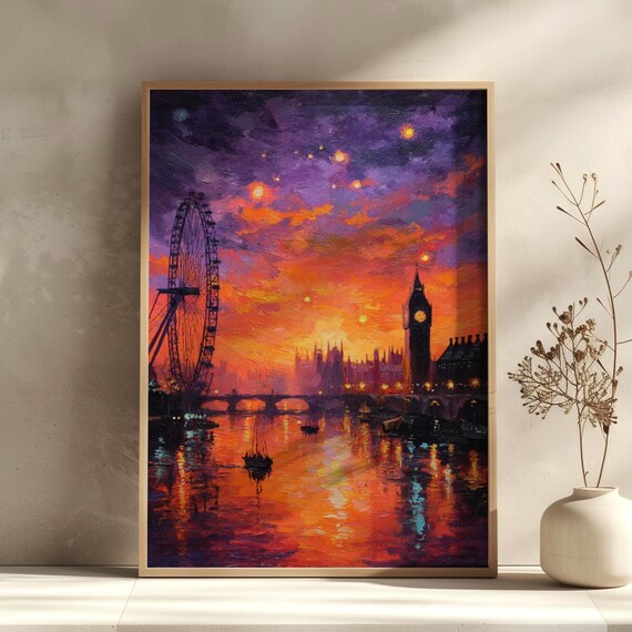London Sunset Thames Big Ben London Eye Oil Painting Wall Poster