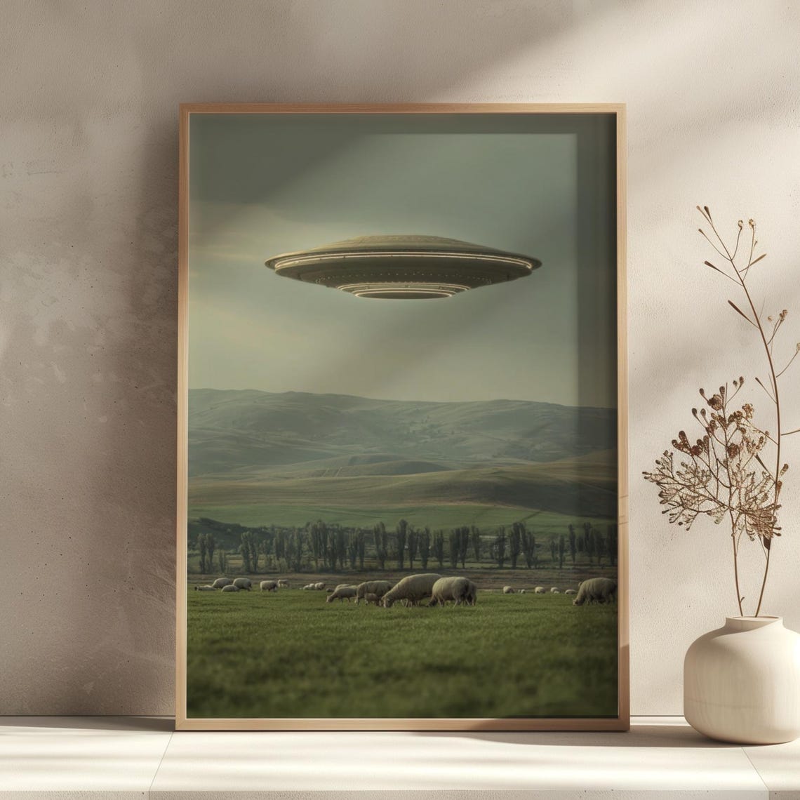 Surreal UFO Hovering over Sheep Pasture Vintage Sci Fi Art Poster