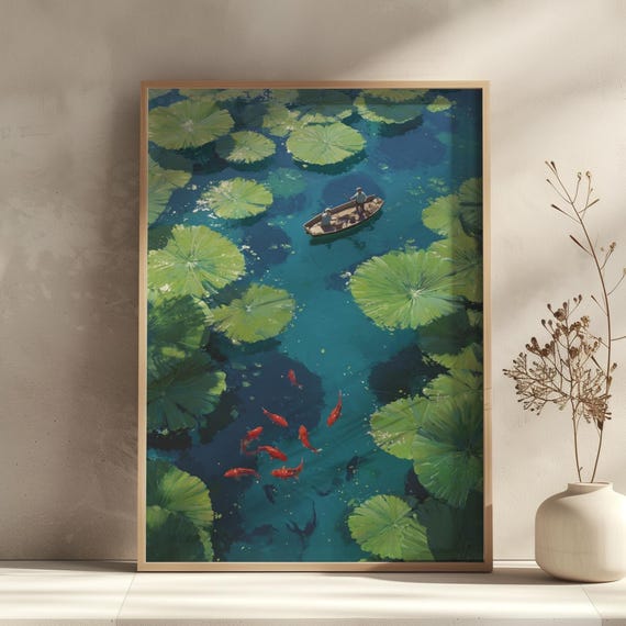 Surreal Rowing Wall Art Quirky Fishing Poster Japanese Style Lily Pad Artwork Tiny People Concept Print