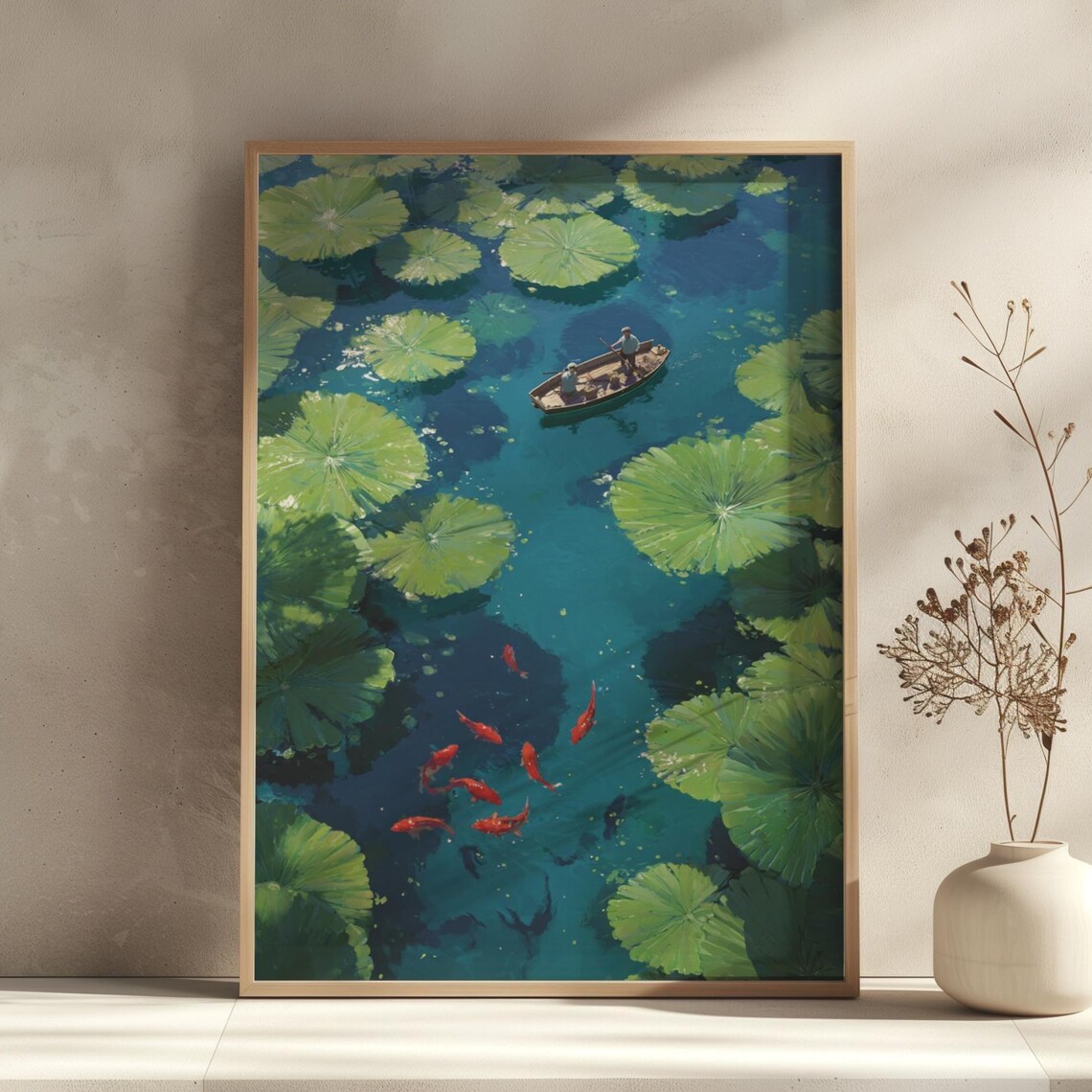 Rowboat Among Lily Pads and Koi Fish Japanese Pond Scene Poster
