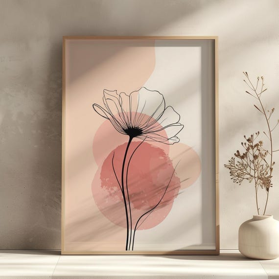 Blush Rose One Line Wall Art Print Minimalist Floral Poster Abstract Botanical Drawing Decor Modern Living Room Artwork
