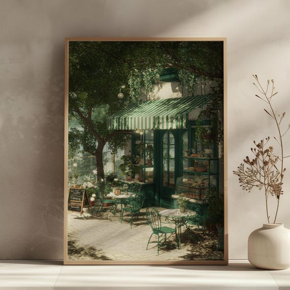 Vintage French Cafe Wall Art Print Cozy Coffee Shop Poster Spring Corner Illustration Rustic Paris Kitchen
