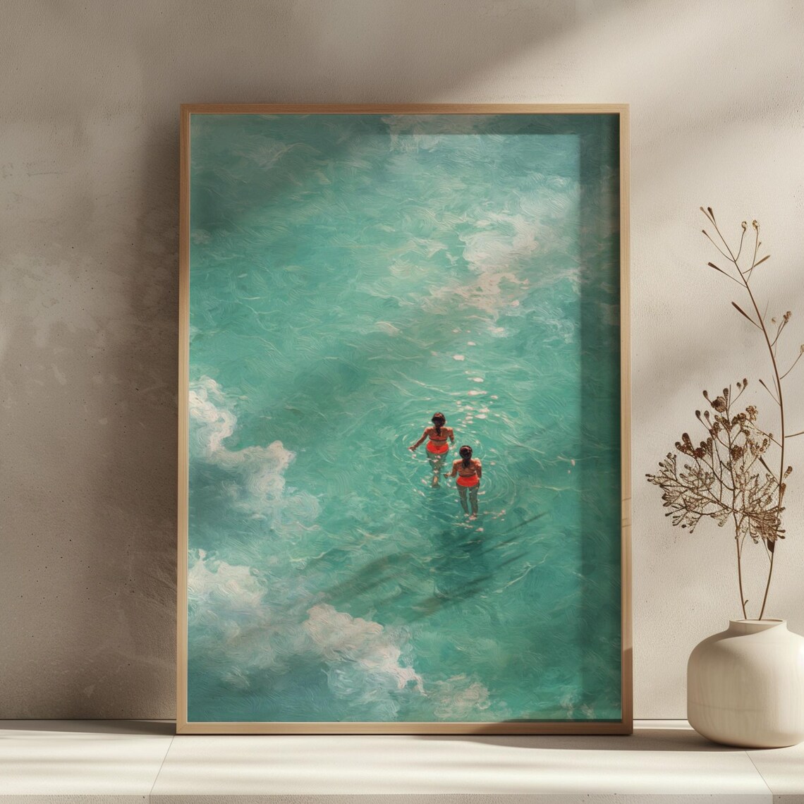 Aerial Ocean Swimmers Turquoise Water Minimalist Coastal Art Poster