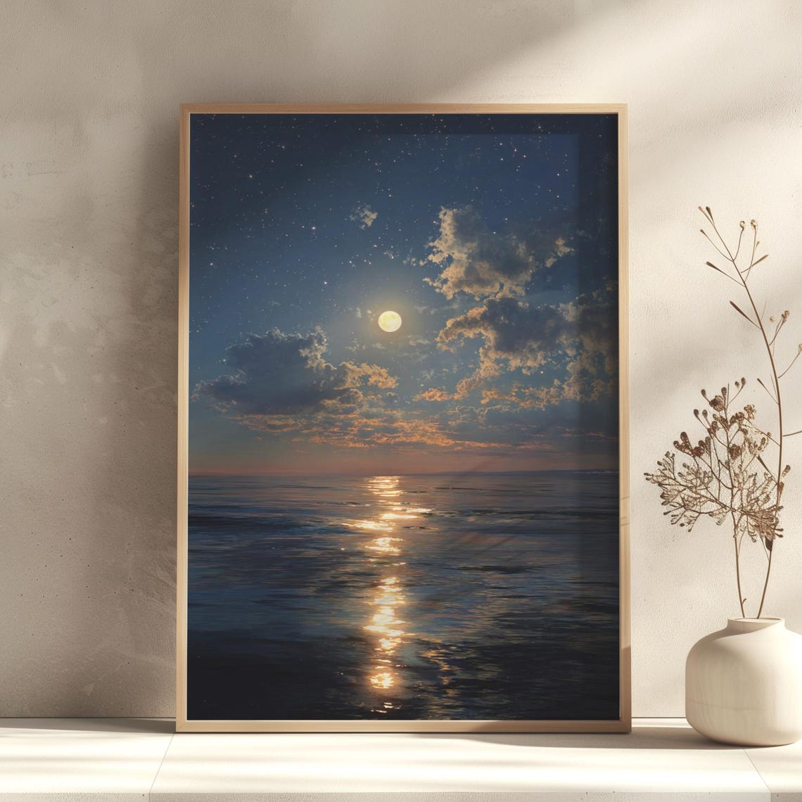 Full Moon Reflection Night Ocean Tranquil Starry Seascape Poster