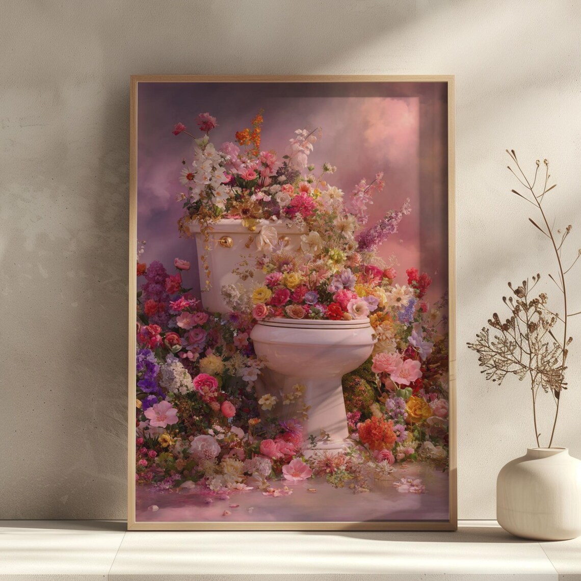 Toilet Overflowing with Colorful Flowers Whimsical Bathroom Art Poster
