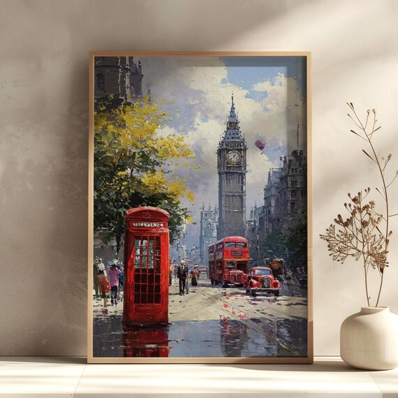 London Big Ben Red Bus Phone Booth Rainy Street Oil Painting Poster