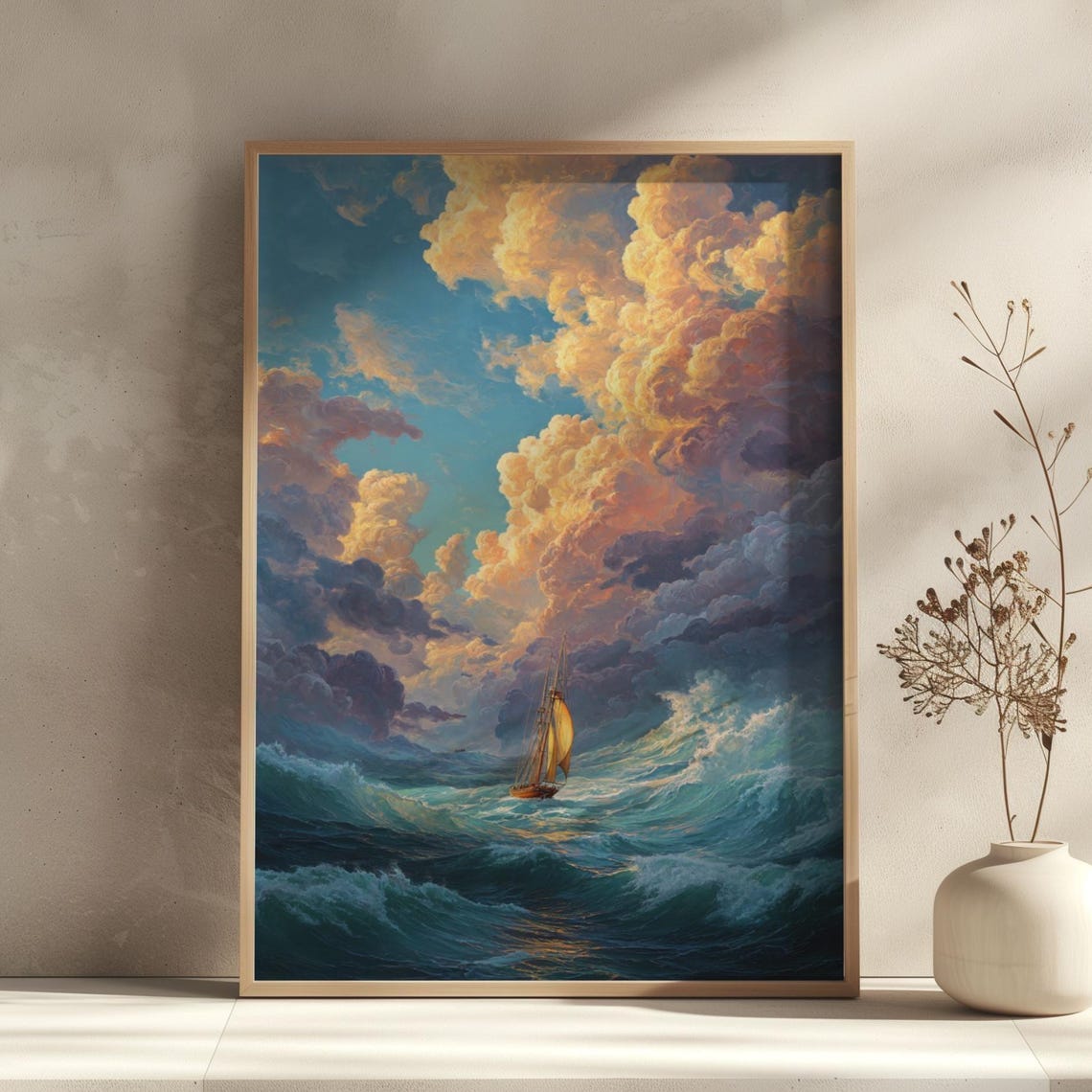 Tall Ship with Golden Sails on Dramatic Stormy Ocean Waves Poster