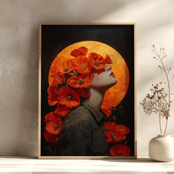 Surreal Woman Wall Art Print With Orange Flowers Modern Portrait For Home Decor Abstract Flower Girl Artwork