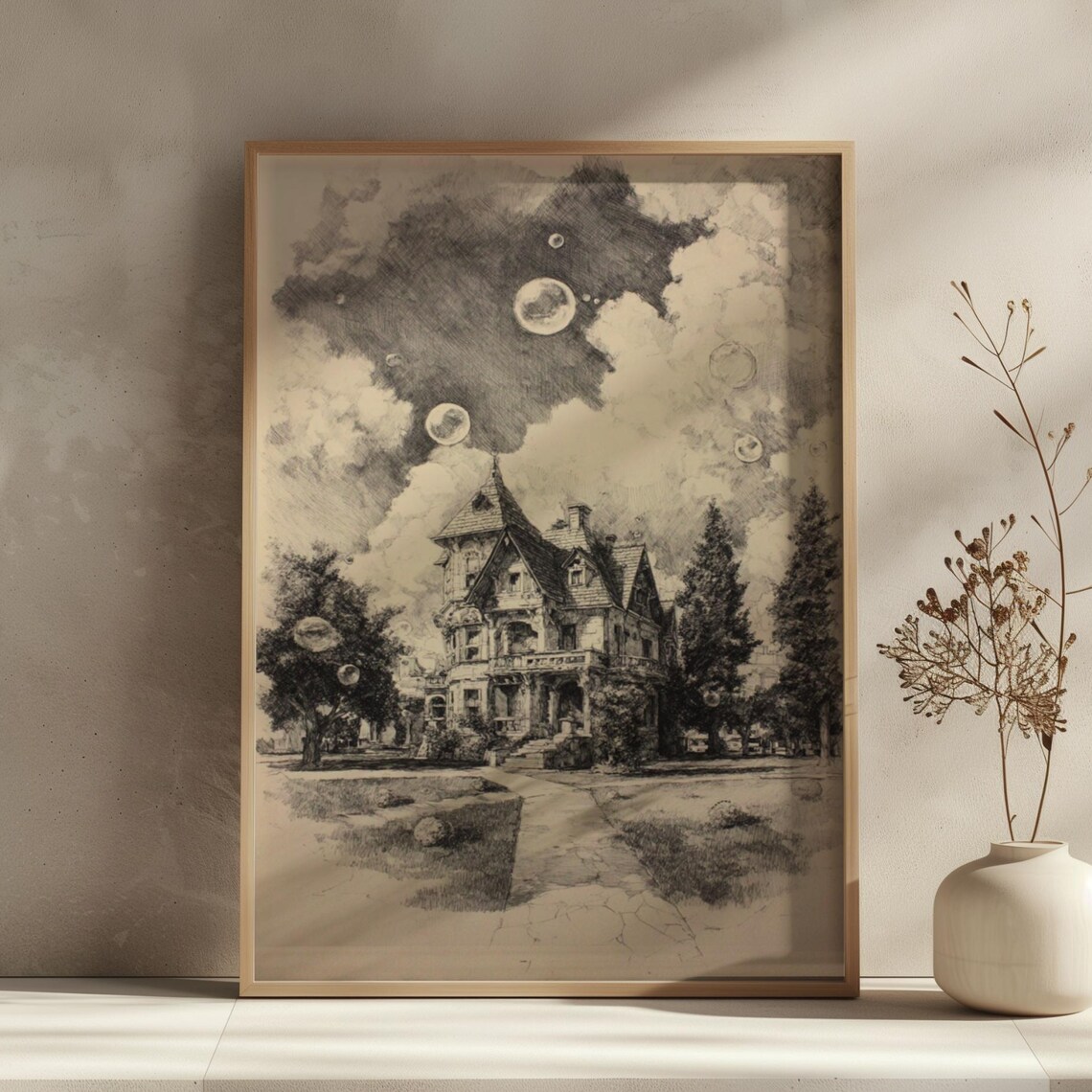 Vintage French Mansion Pencil Sketch Floating Spheres Art Poster