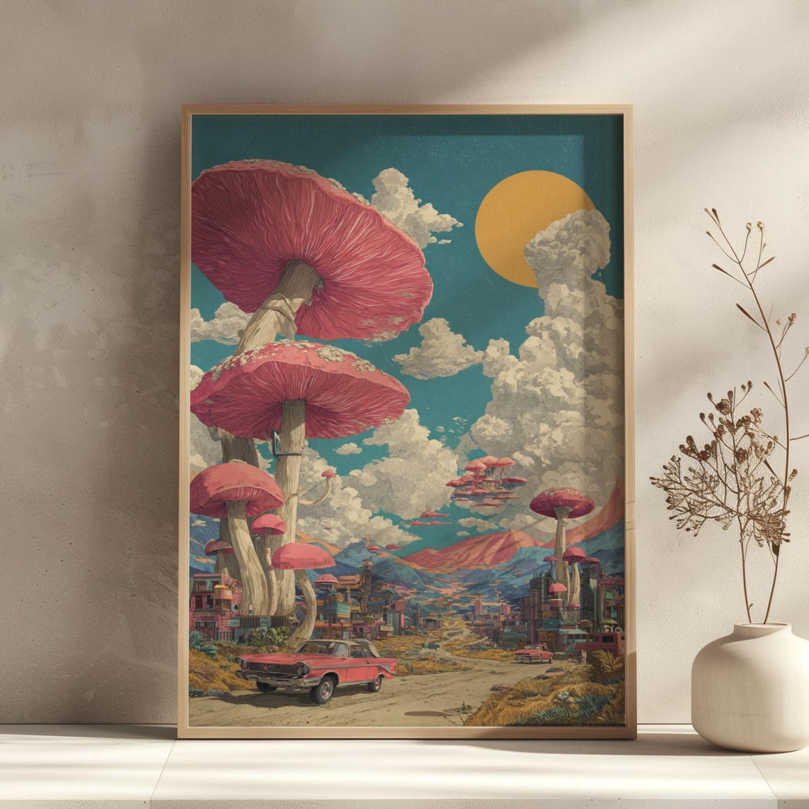 Giant Pink Mushroom City Vintage Car Retro Surreal Trippy Poster