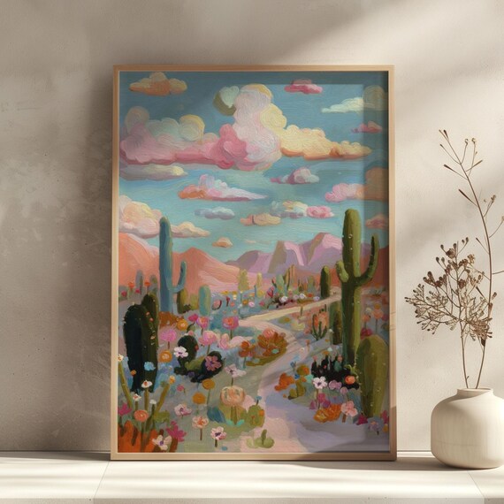 Pastel Southwestern Desert Cactus Wildflower Landscape Poster