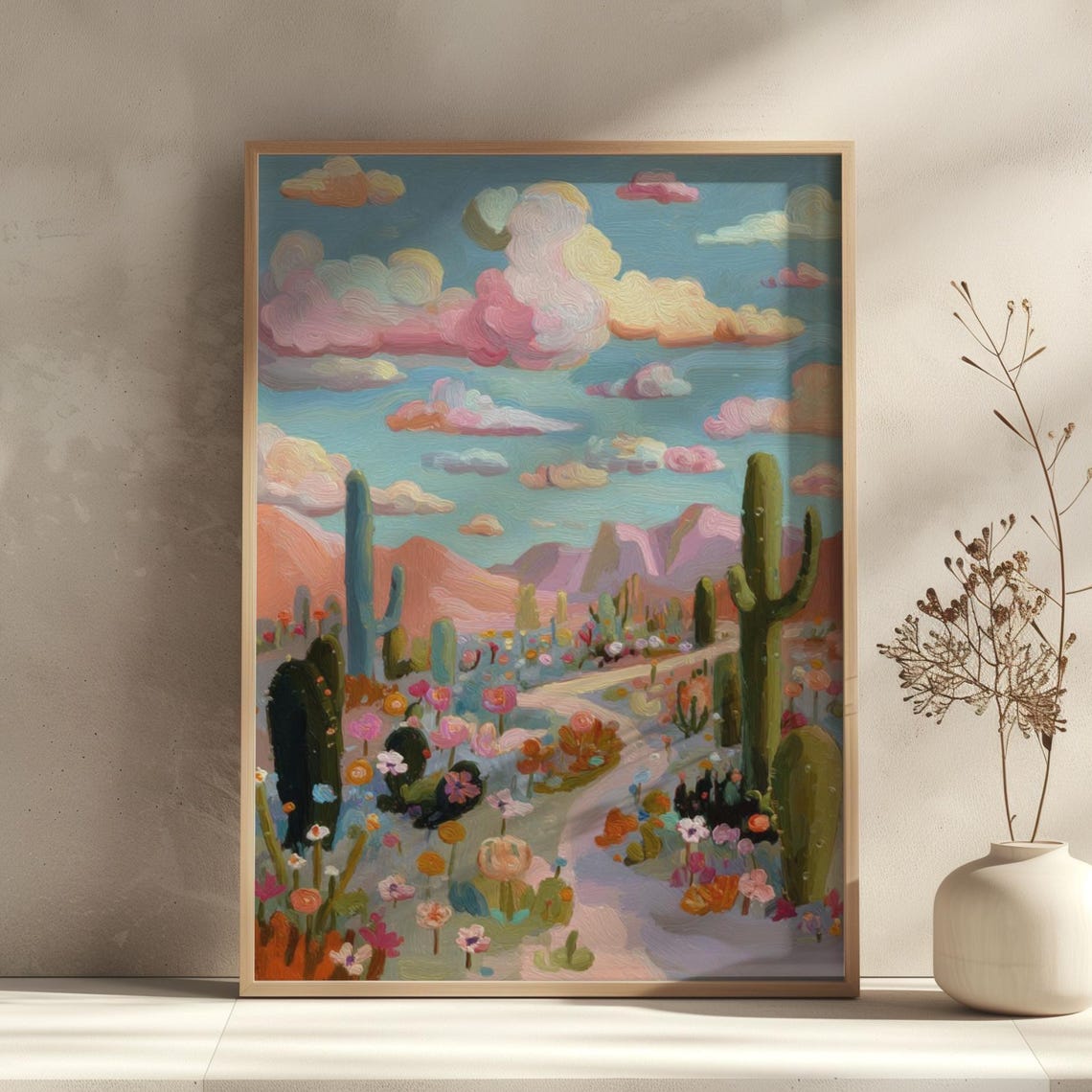Pastel Southwestern Desert Cactus Wildflower Landscape Poster