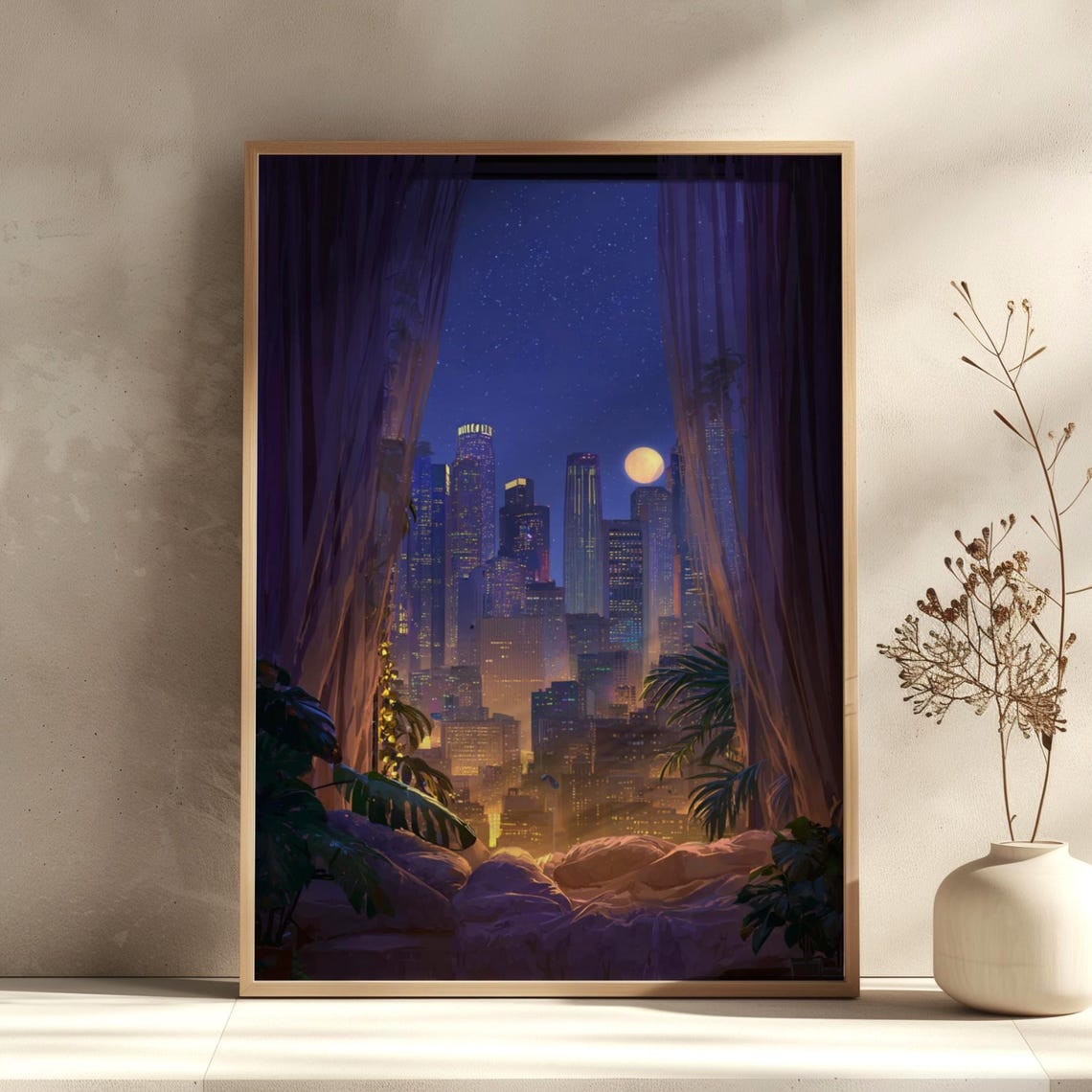 Cozy Moonlit City Skyline Through Window Night Bedroom Wall Art
