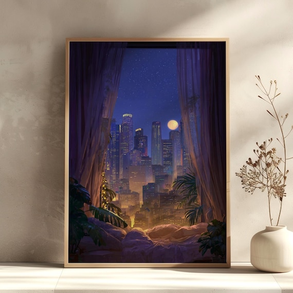 Moonlit City Skyline Wall Art For Bedroom Serene Starry Night Canvas Print With Plants Cozy Urban View Decor Lovers