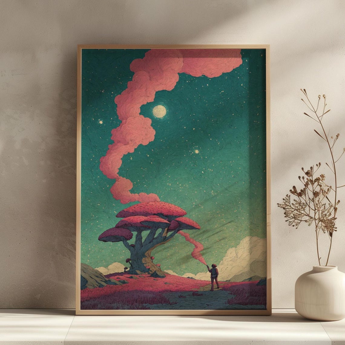 Psychedelic Red Mushroom Dreamscape Moonlit Night Trippy Poster