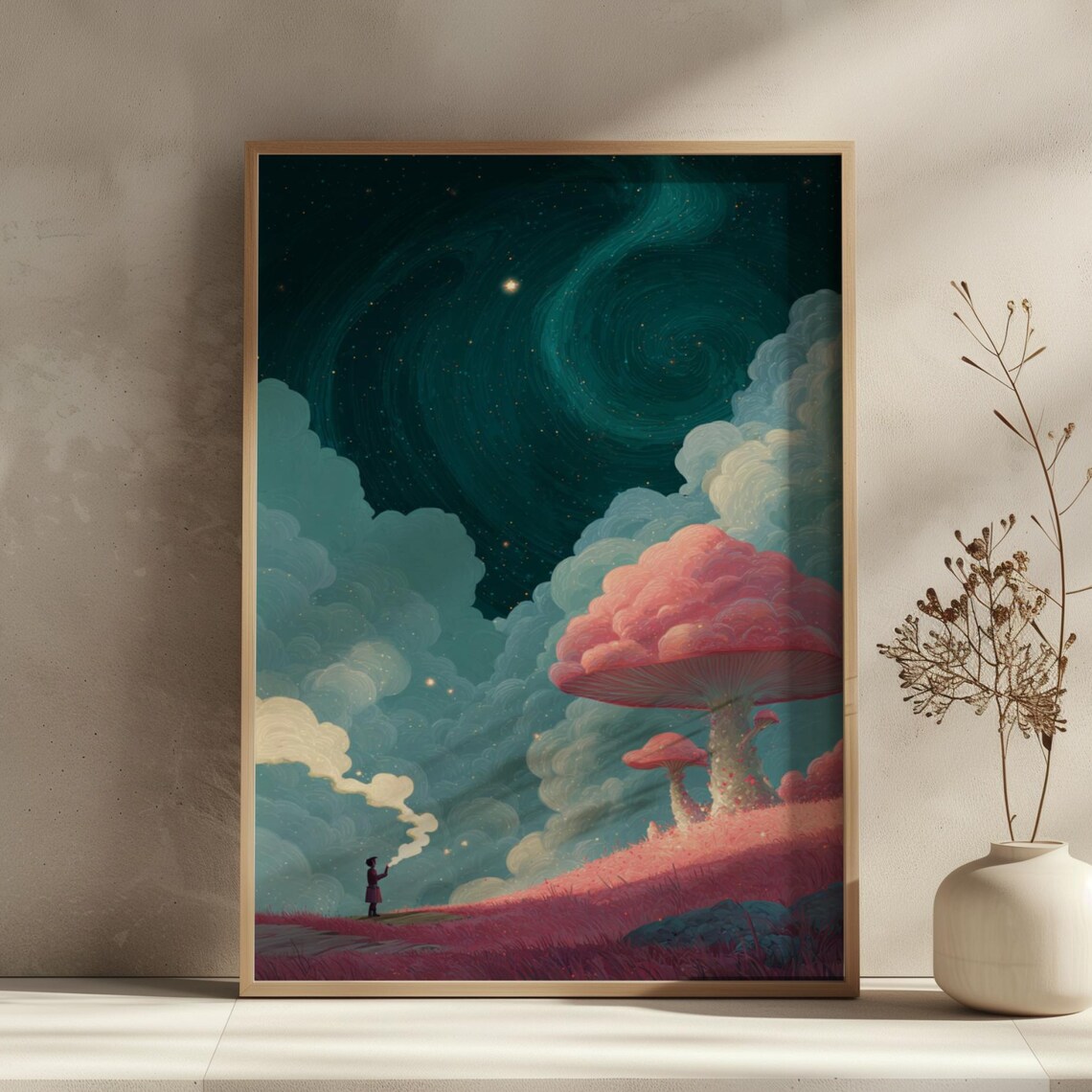 Surreal Giant Mushroom Starry Night Psychedelic Fantasy Poster