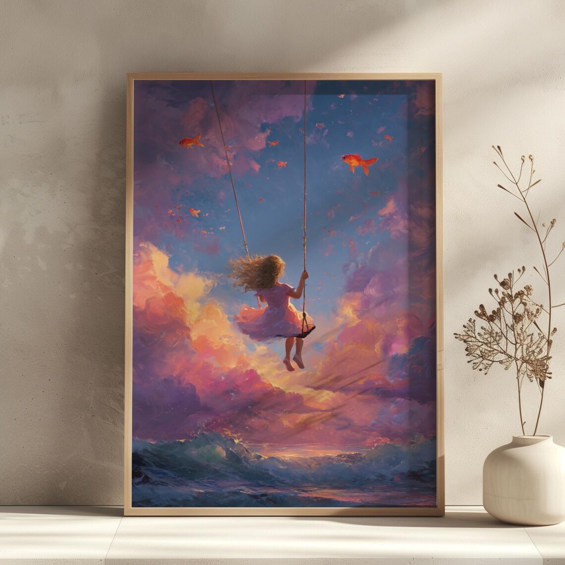 Girl on Swing in Surreal Sunset Sky over the Ocean Dream Poster