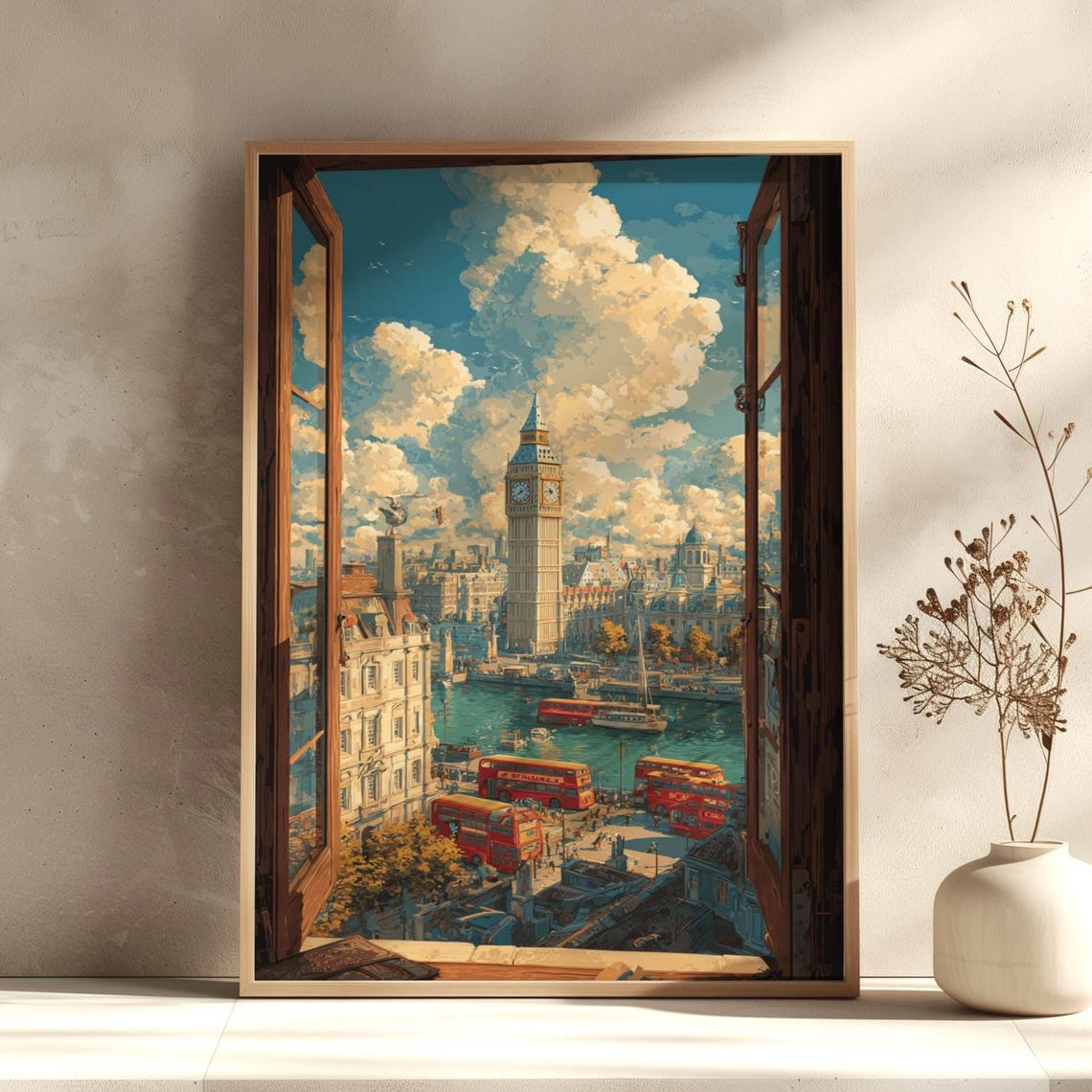 London Window View Big Ben Thames Red Buses Dramatic Cloud Poster