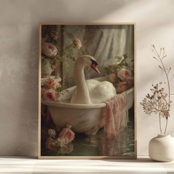 Funny Swan Bathroom Wall Art Print Cute Pink Bow In Tub Poster Whimsical Animal Decor Playful Illustration