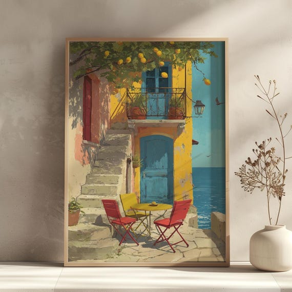 Italian Lemon Wall Art Mediterranean Village Coastal Print Colorful Pastel House Decor Amalfi Coast Poster