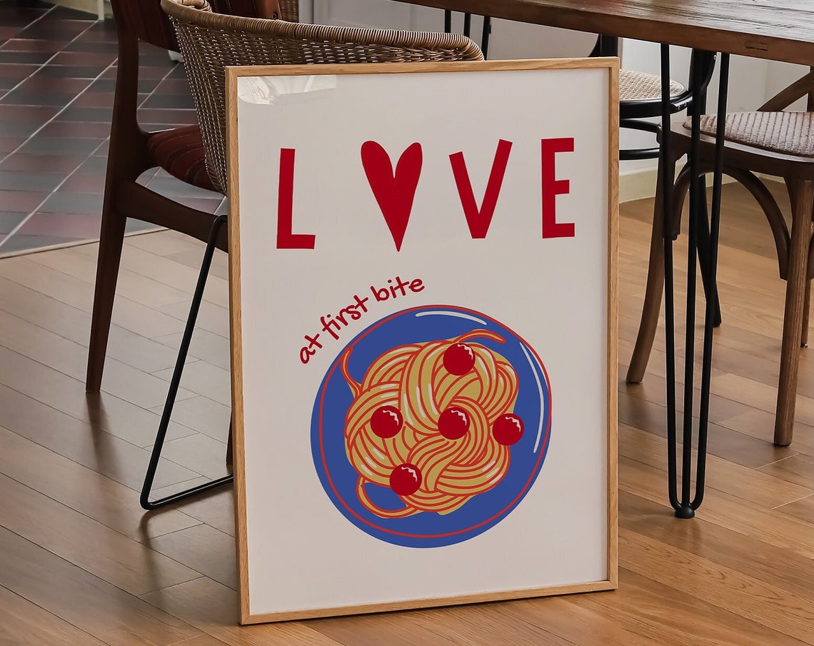 Love At First Bite Spaghetti Pasta Red Heart Kitchen Wall Art