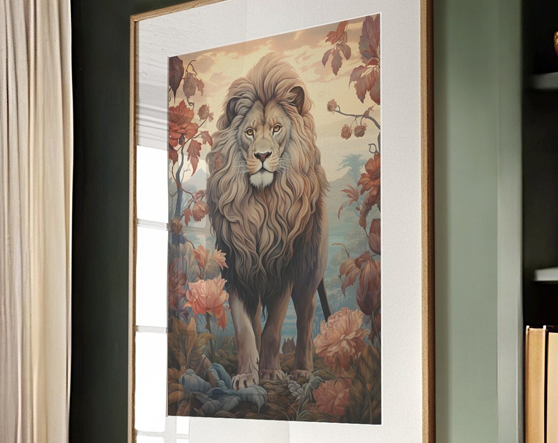 Majestic Lion Standing in Autumn Foliage Golden Framed Poster - Image 4
