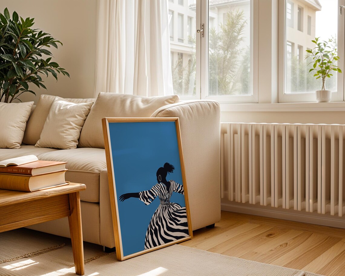 Joyful Dancing Woman In Flowing Striped Dress On Deep Blue Poster - Image 3