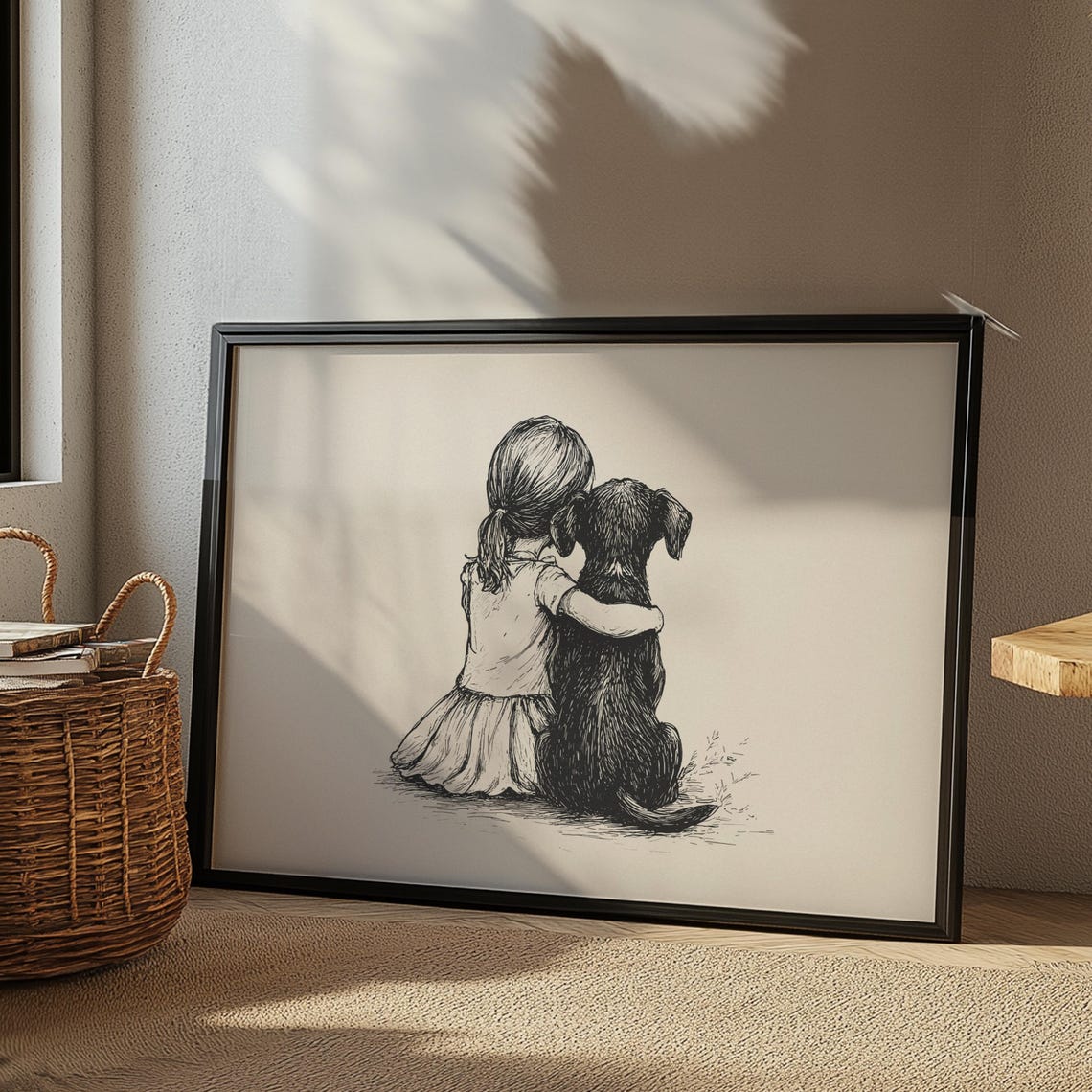 Girl With Dog Nursery Art Puppy Sketch Dog Vintage Poster Girls Room Dog Painting Country Wall Decor Neutral Dog Drawing Dog Wall Art - Image 2