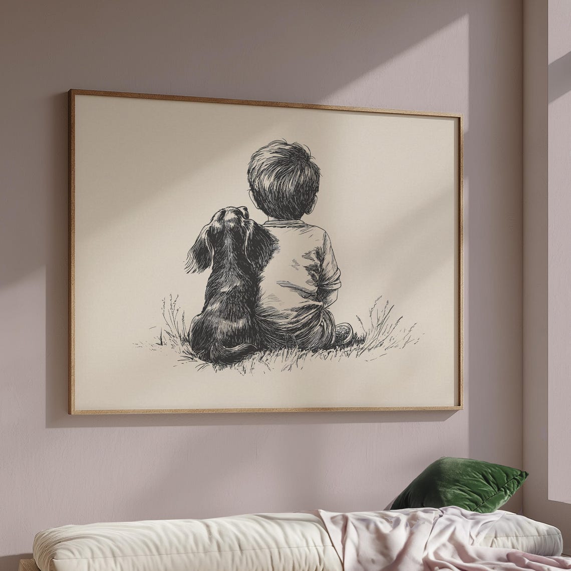 Nursery Boy And A Dachshund Print Dog Vintage Poster Retro Painting Farmhouse Wall Decor Country Wall Art Pet Drawing Puppy Wall Art - Image 2