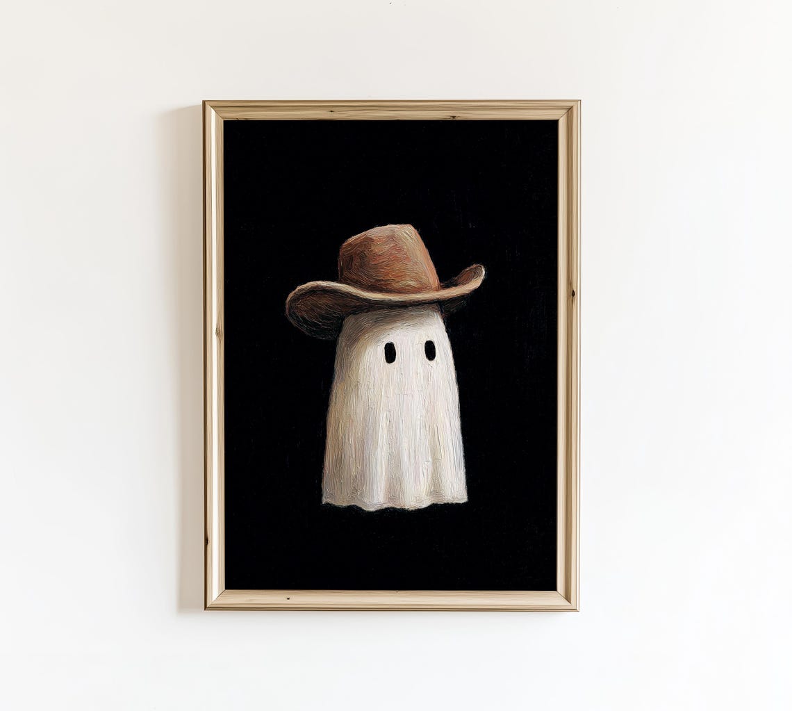 Cute Cowboy Ghost Halloween Oil Painting Spooky Night Wall Poster