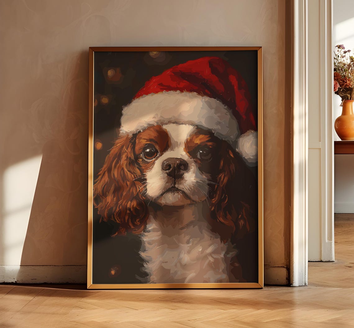 Christmas Cavalier King Charles Painting Dog Vintage Print Dog Wall Decor Antique Vintage Painting Dog Retro Drawing Farmhouse Print - Image 2