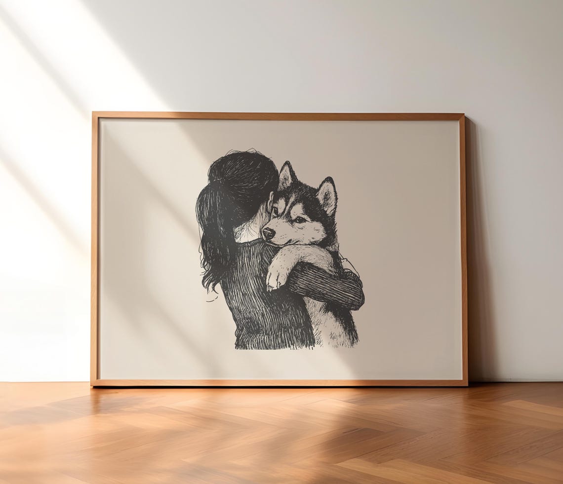 Girl With Husky Nursery Print Husky Puppy Vintage Poster Girls Nursery Wall Art Retro Dog Drawing Dog Art Sketch Baby Room Wall Decor - Image 3