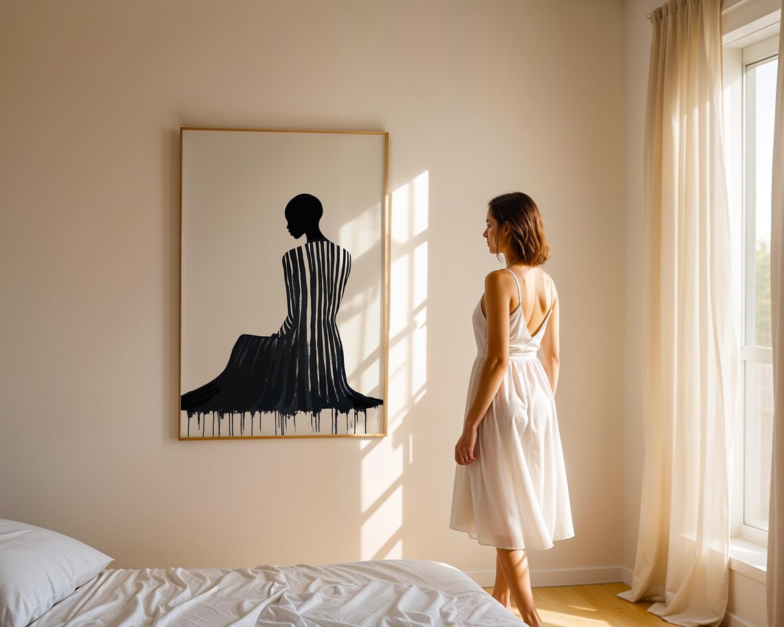 Woman in Striped Gown Ink Drip Bold Modern Boho Style Wall Art - Image 2