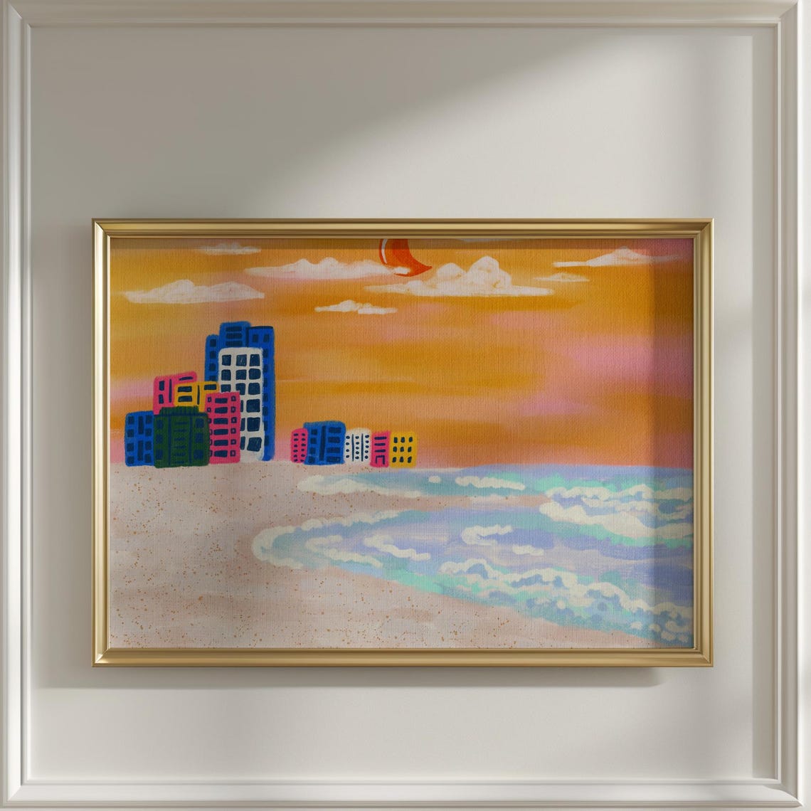 Beach Sunset City Skyline Colorful Ocean Waves Pastel Art Poster